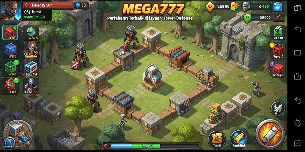 Screenshot gameplay MEGA777 menampilkan pertahanan menara yang strategis dan serangan musuh.