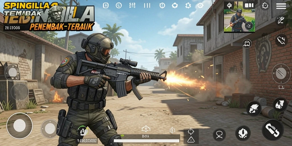Tampilan gameplay SPINGILA dengan aksi tembak-menembak yang seru.